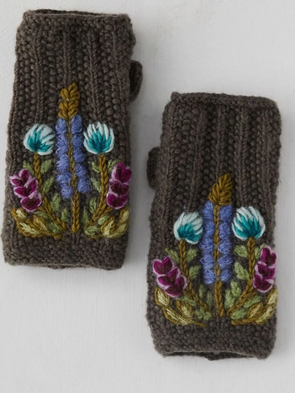 Anthropologie Hand-Knit Brown Floral Embroidered Fingerless Gloves